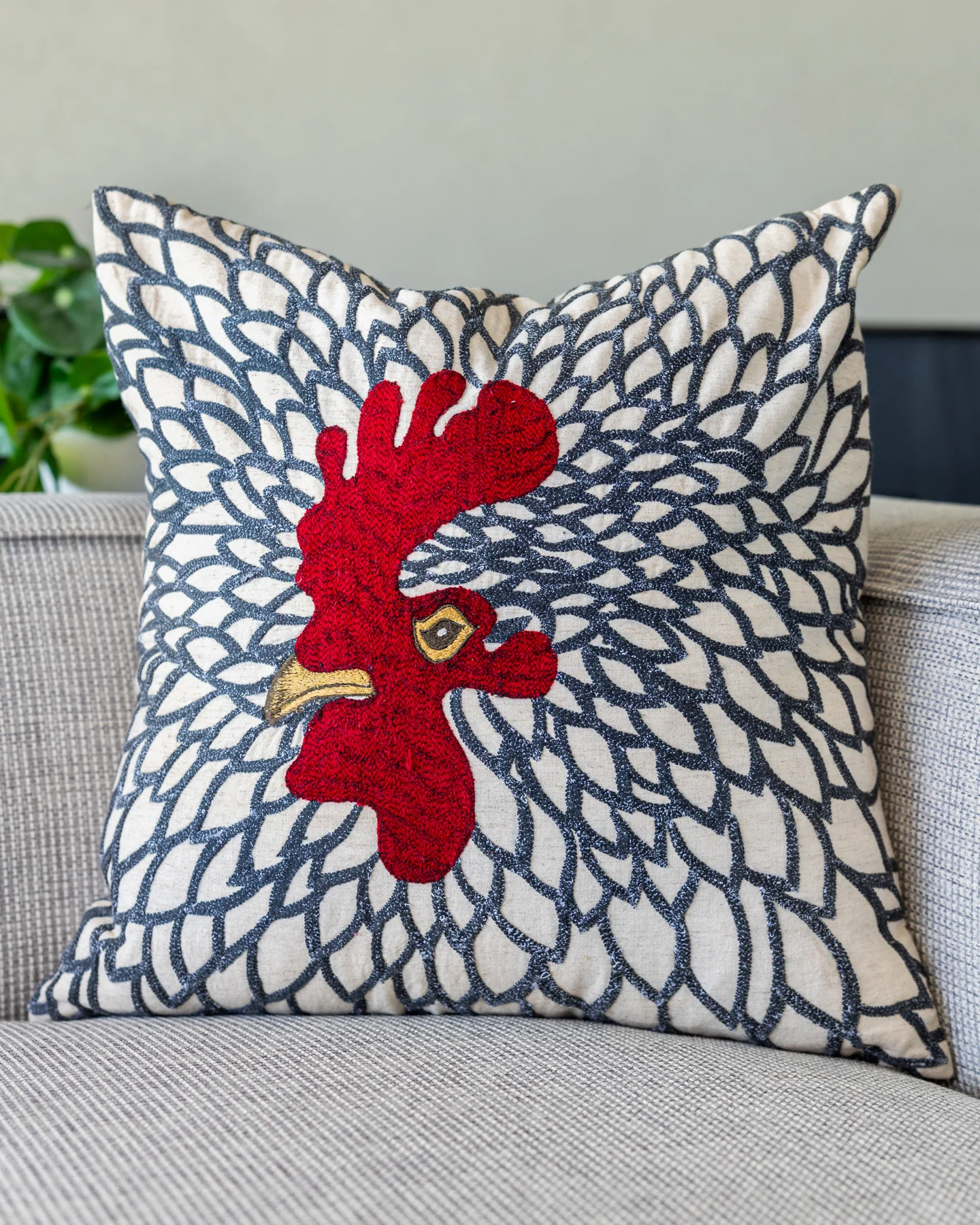 Hank Rooster Embroidered Cotton Throw Pillow
