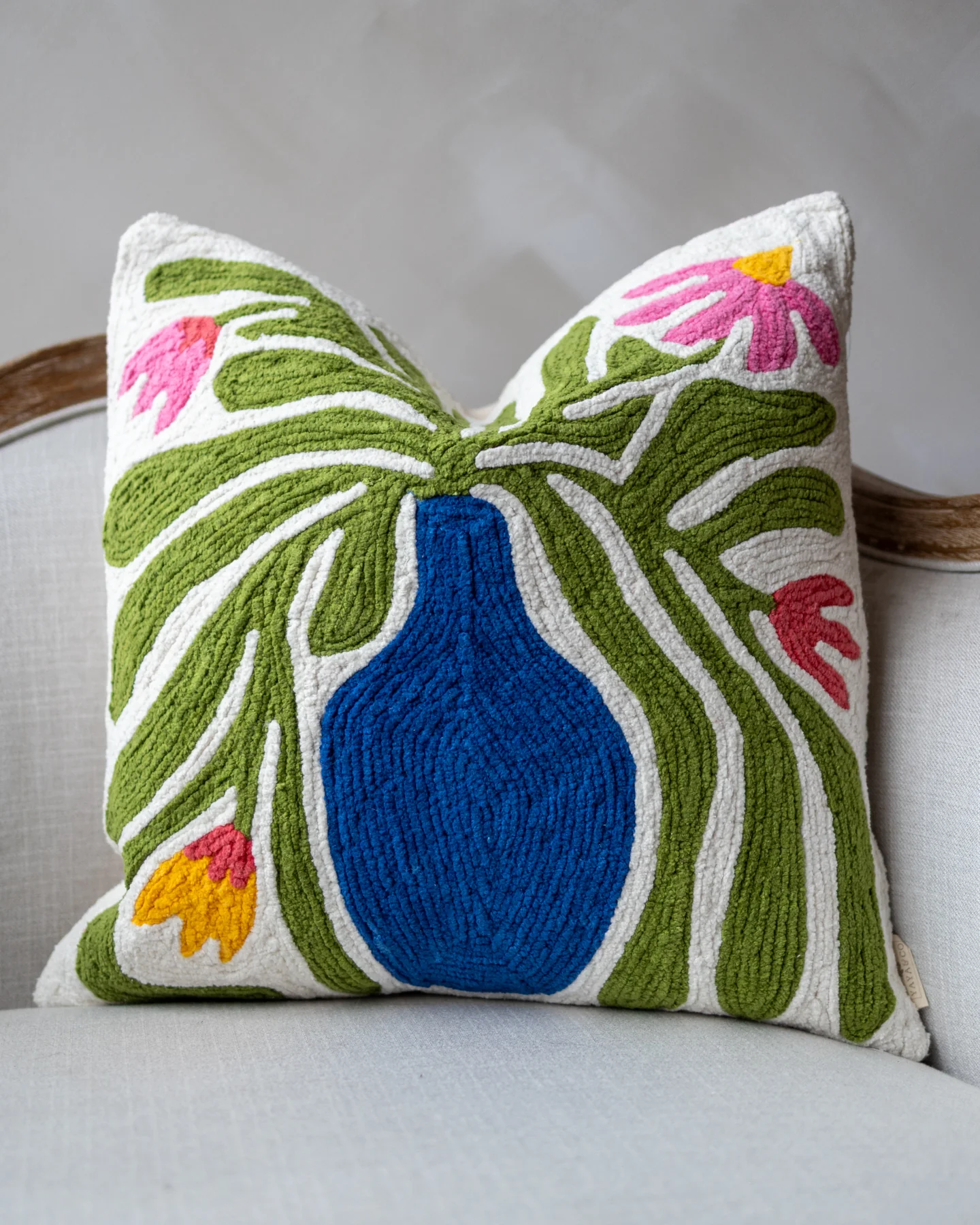 Prunella Embroidered Organic Cotton Floral Throw Pillow