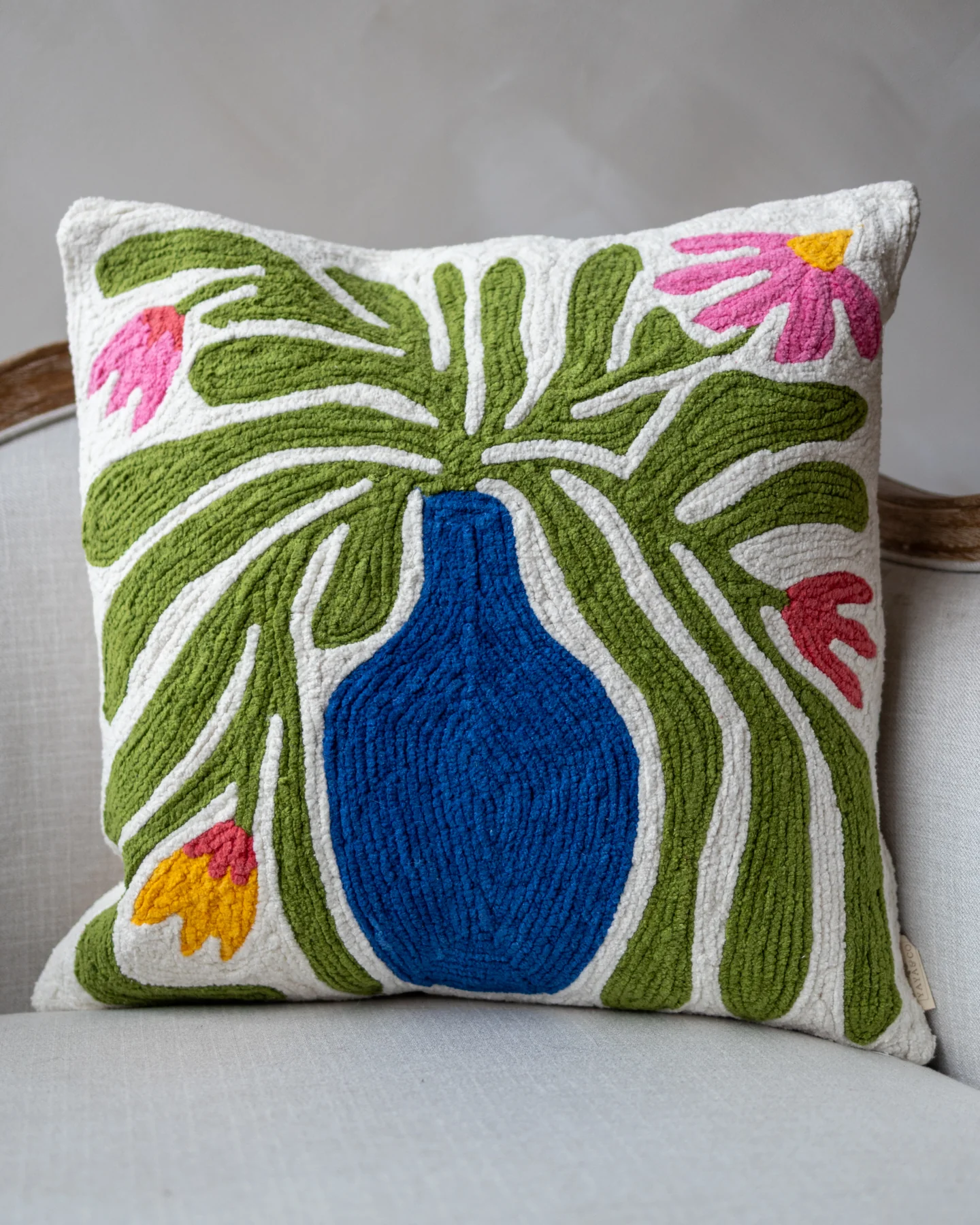 Prunella Embroidered Organic Cotton Floral Throw Pillow - Image 3