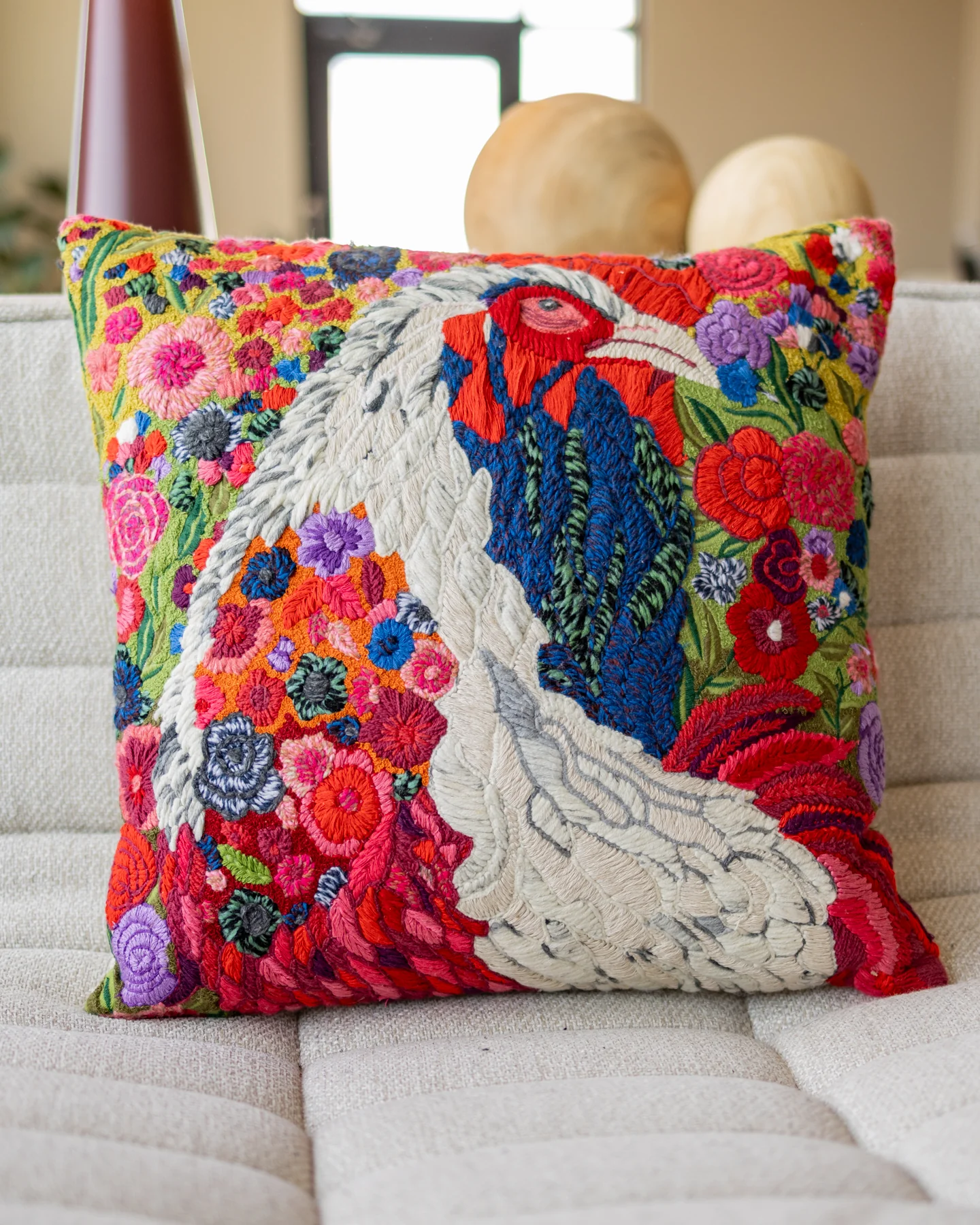 Rebel Organic Cotton Rooster Embroidered Throw Pillow